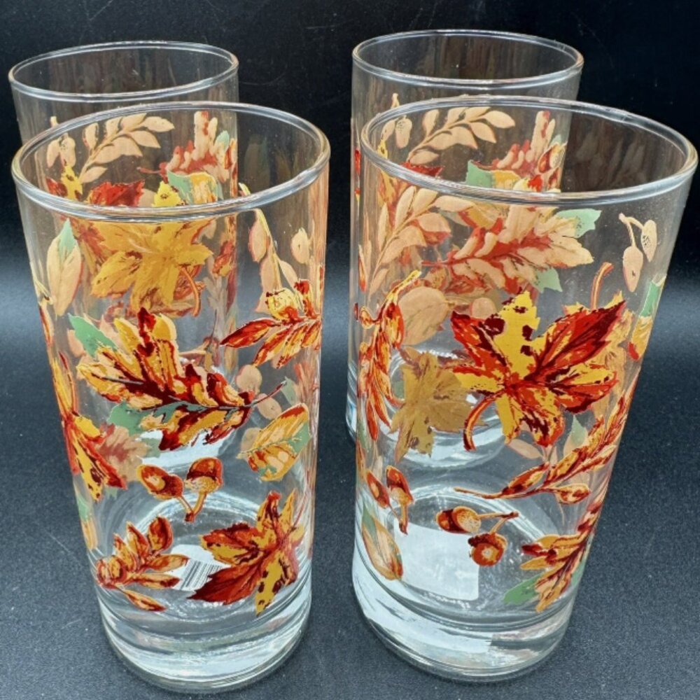 Greenbrier Autumn Fall Leaves Acorns Drinking Glasses Tumblers 16 oz Set of 4
